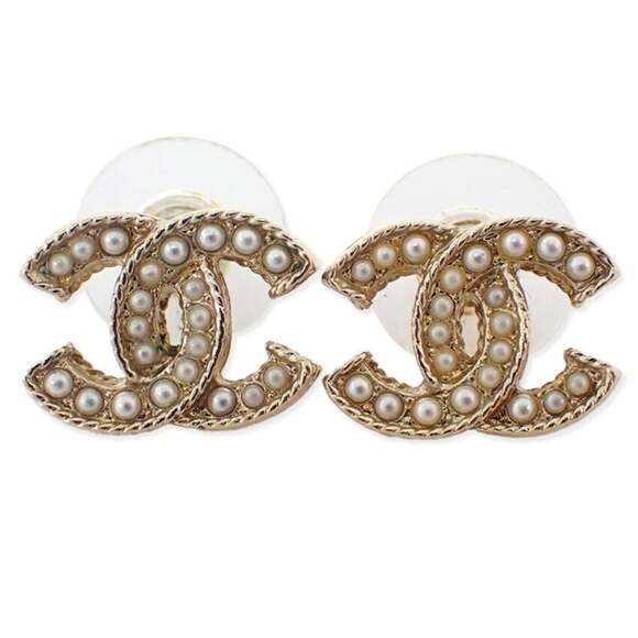 CHANEL Gold Pearl Logo Earrings